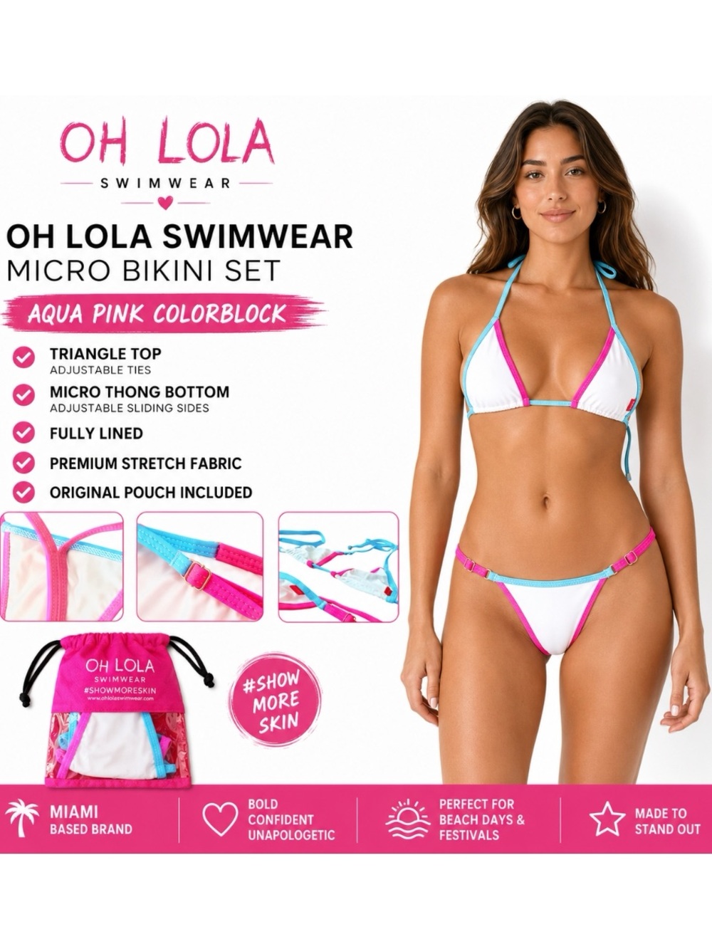Oh Lola Swimwear White Aqua Pink Colorblock Micro Bikini Set w/ Pouch | Size S